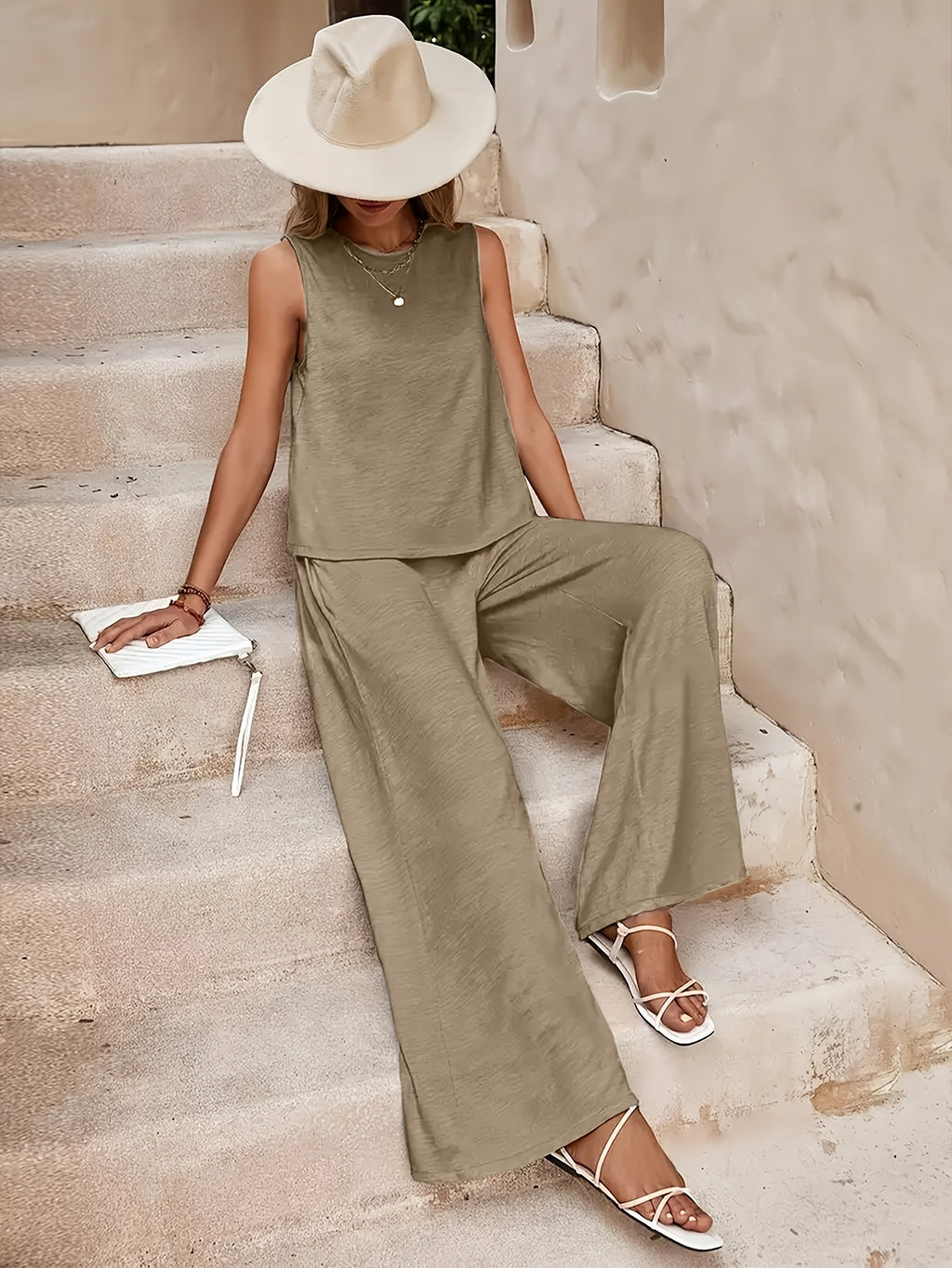 Red Sleeveless Top and Wide Leg Pants 2 Piece Set for Women – Solid Color Smooth Fabric Casual Elegant, Spring Summer, Sizes S-XXL