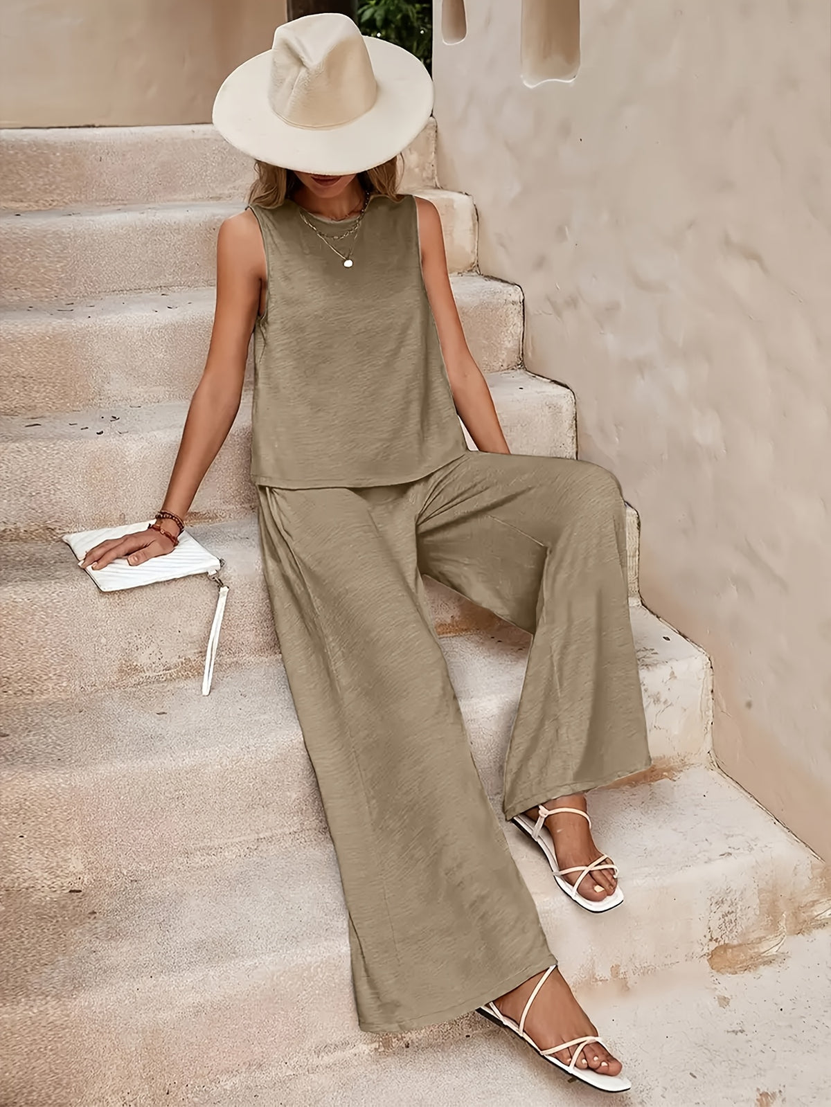 Red Sleeveless Top and Wide Leg Pants 2 Piece Set for Women – Solid Color Smooth Fabric Casual Elegant, Spring Summer, Sizes S-XXL