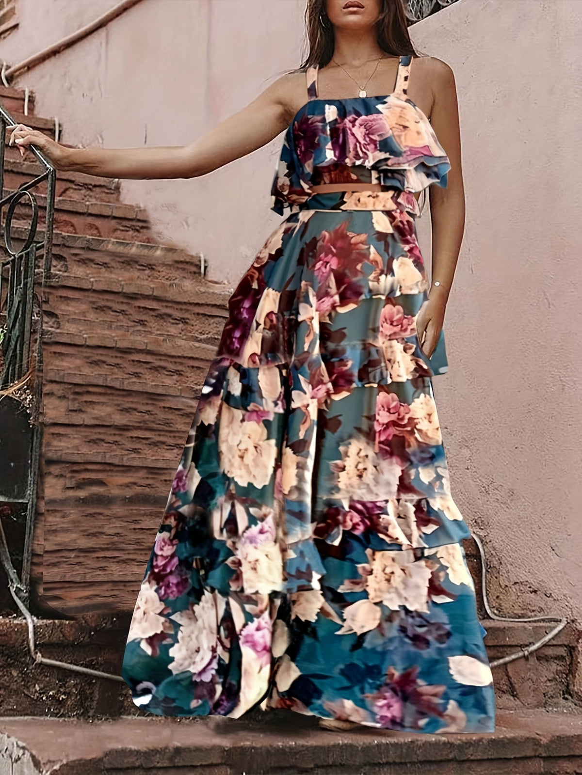 Boho Floral Print Halter Peplum Top and Cake Skirt 2pcs Set Women Beach Vacation Holiday Casual Spring Summer S-XXL