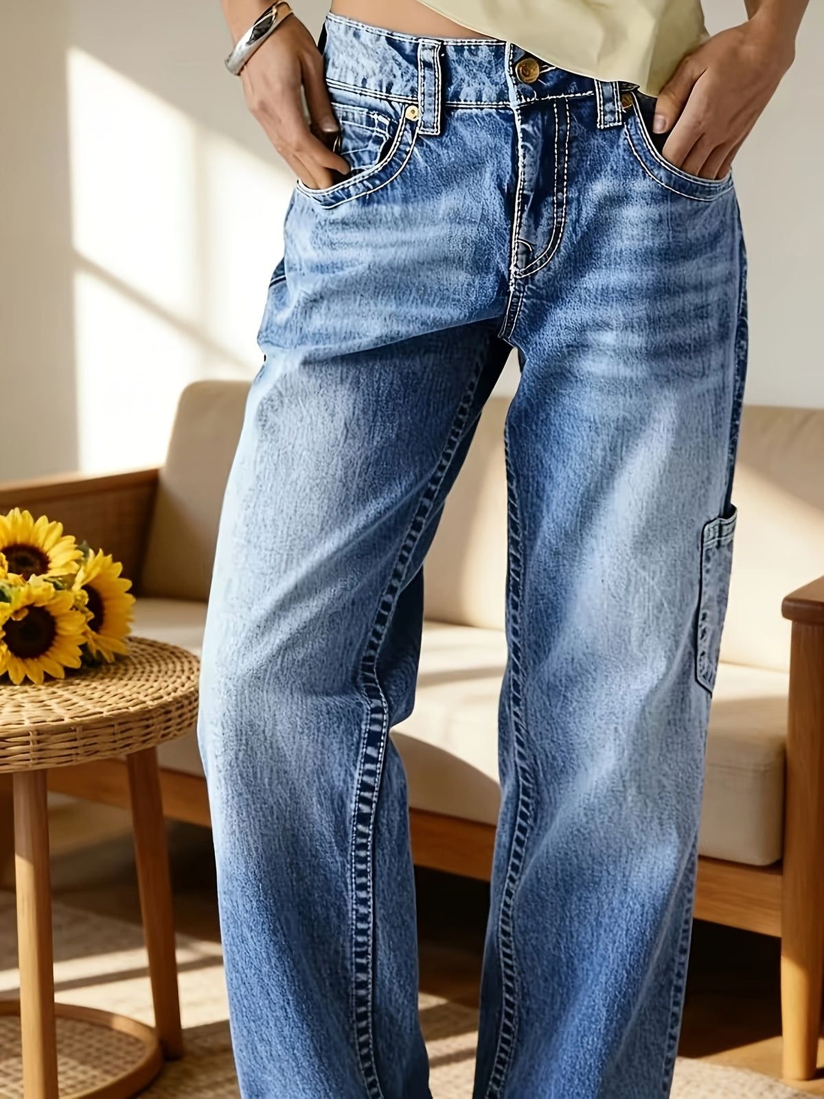 Vintage Washed Mid Waist Stretch Loose Straight Leg Jeans Women Retro Workwear Denim Pants Multi Pocket Classic Blue S-XXL