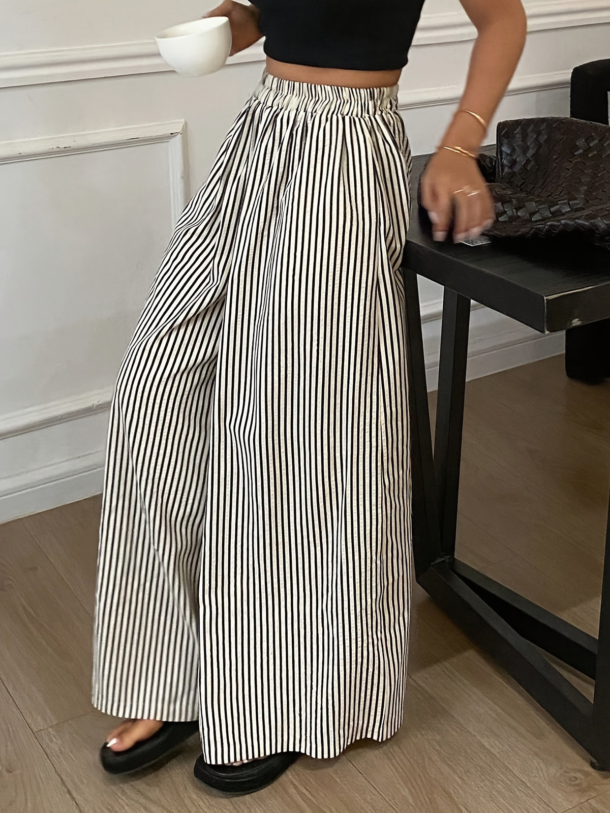 Striped Wide Leg Pants Women Elastic Waist Vertical Stripe Casual Trousers Comfortable Year Round Wear Machine Washable