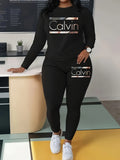 Women's Letter Print 2pcs Set Oversized Round Neck Sweatshirt & Wide-Leg Pants Casual All-Season Soft Knit Matching Outfit Work Everyday