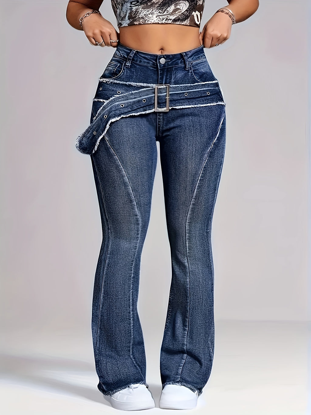 Women's Retro Washed Fringe Flared Jeans Fake Waistband Curved Hem Slightly Flared Bootcut Medium Blue S-XXL