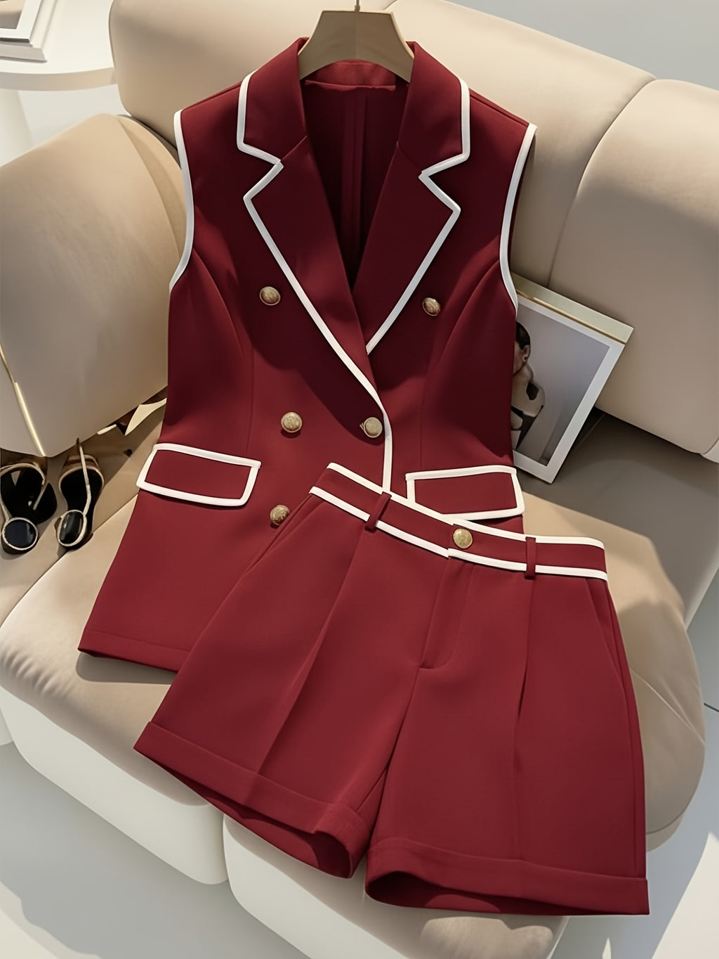 Double-Breasted Vest & Shorts 2-Piece Set for Women - Black White Contrast Trim Polished Casual Suit Chic Matching Outfit
