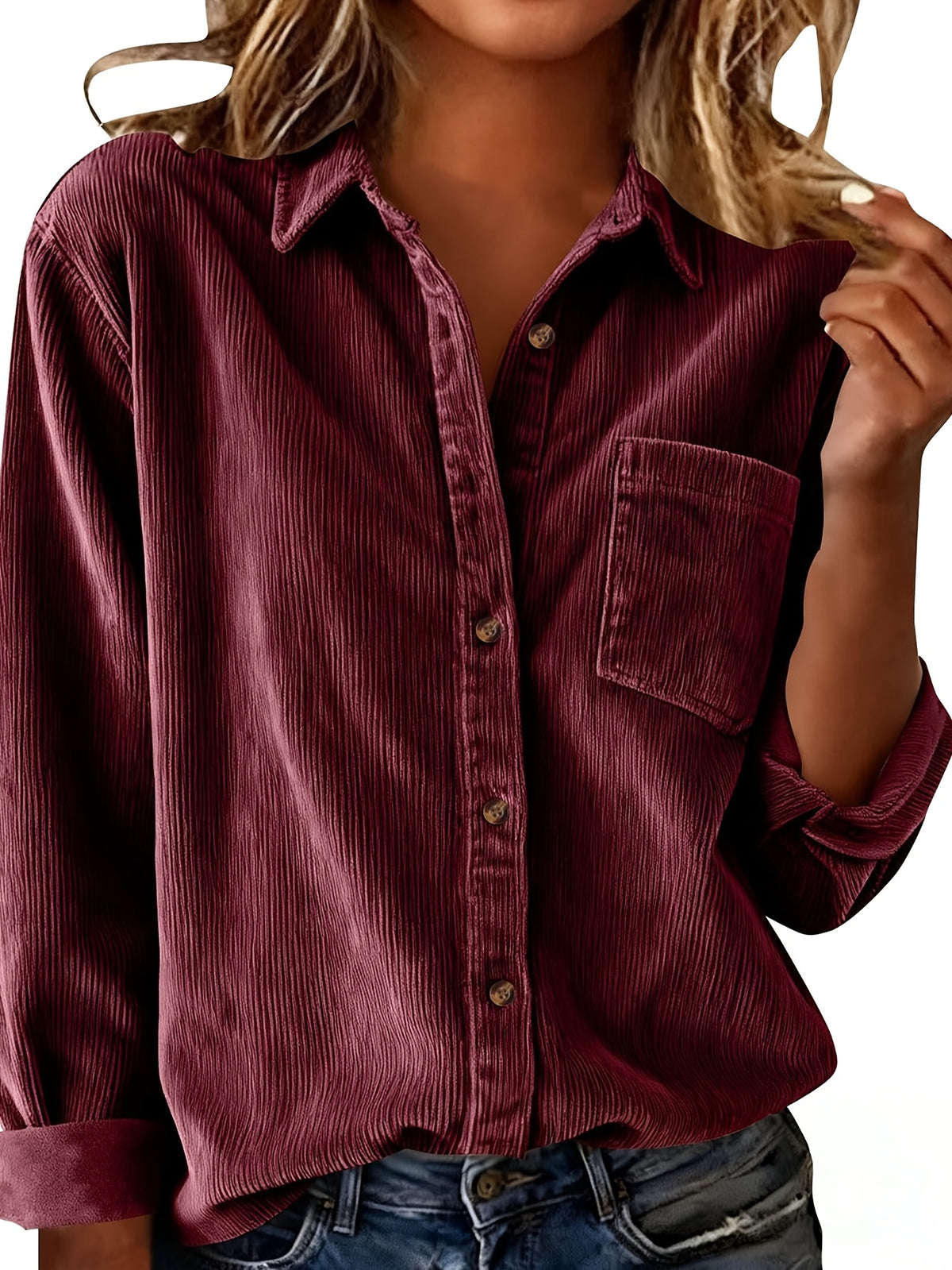 Textured Button Shirt for Women Long Sleeve, Casual Loose Fit Blouse with Pocket, Lightweight Athleisure Top for Daily Casual Wear, Women's Oversized Button Down Shirt