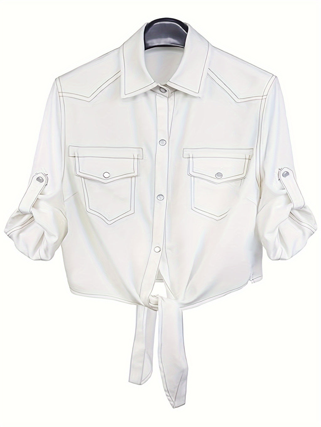 Women's Roll-Up 3/4 Sleeve Tie Front Knot Shirt Chambray Denim Crop Top Button Detail White Blue XS-XXL