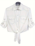 Women's Roll-Up 3/4 Sleeve Tie Front Knot Shirt Chambray Denim Crop Top Button Detail White Blue XS-XXL