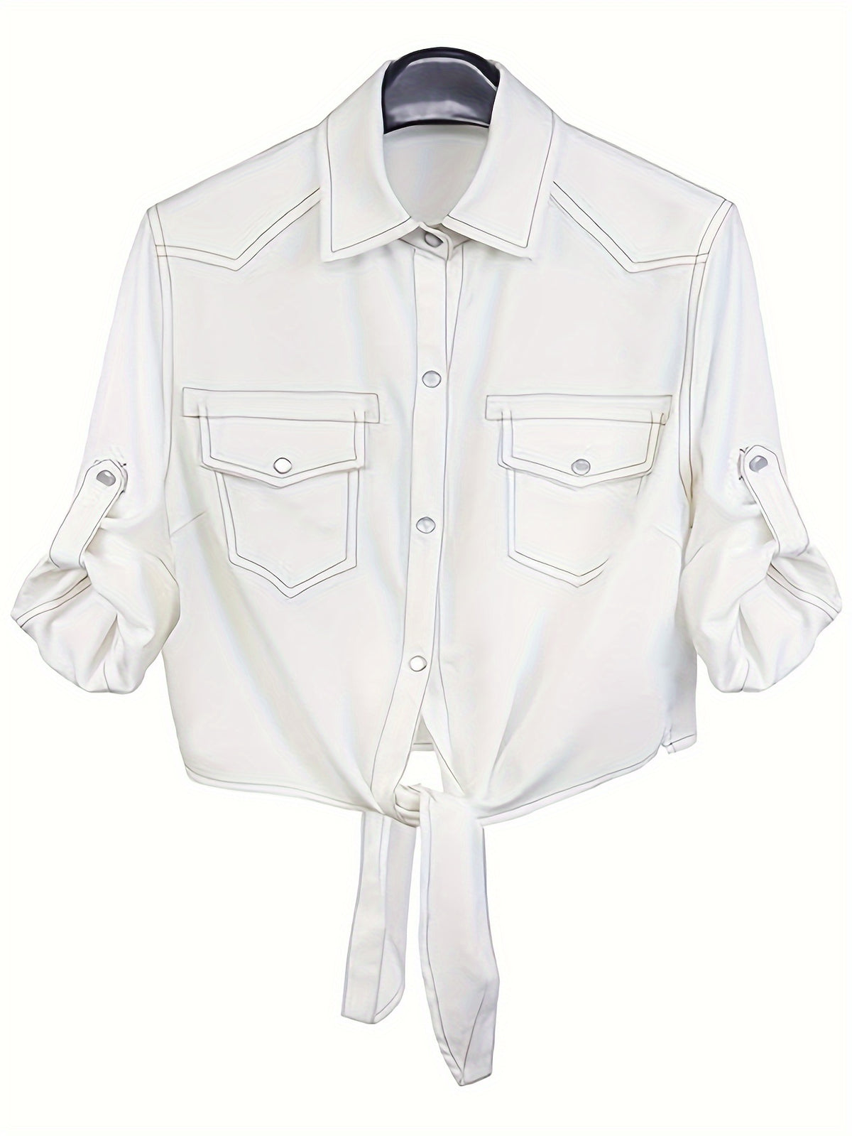 Women's Roll-Up 3/4 Sleeve Tie Front Knot Shirt Chambray Denim Crop Top Button Detail White Blue XS-XXL