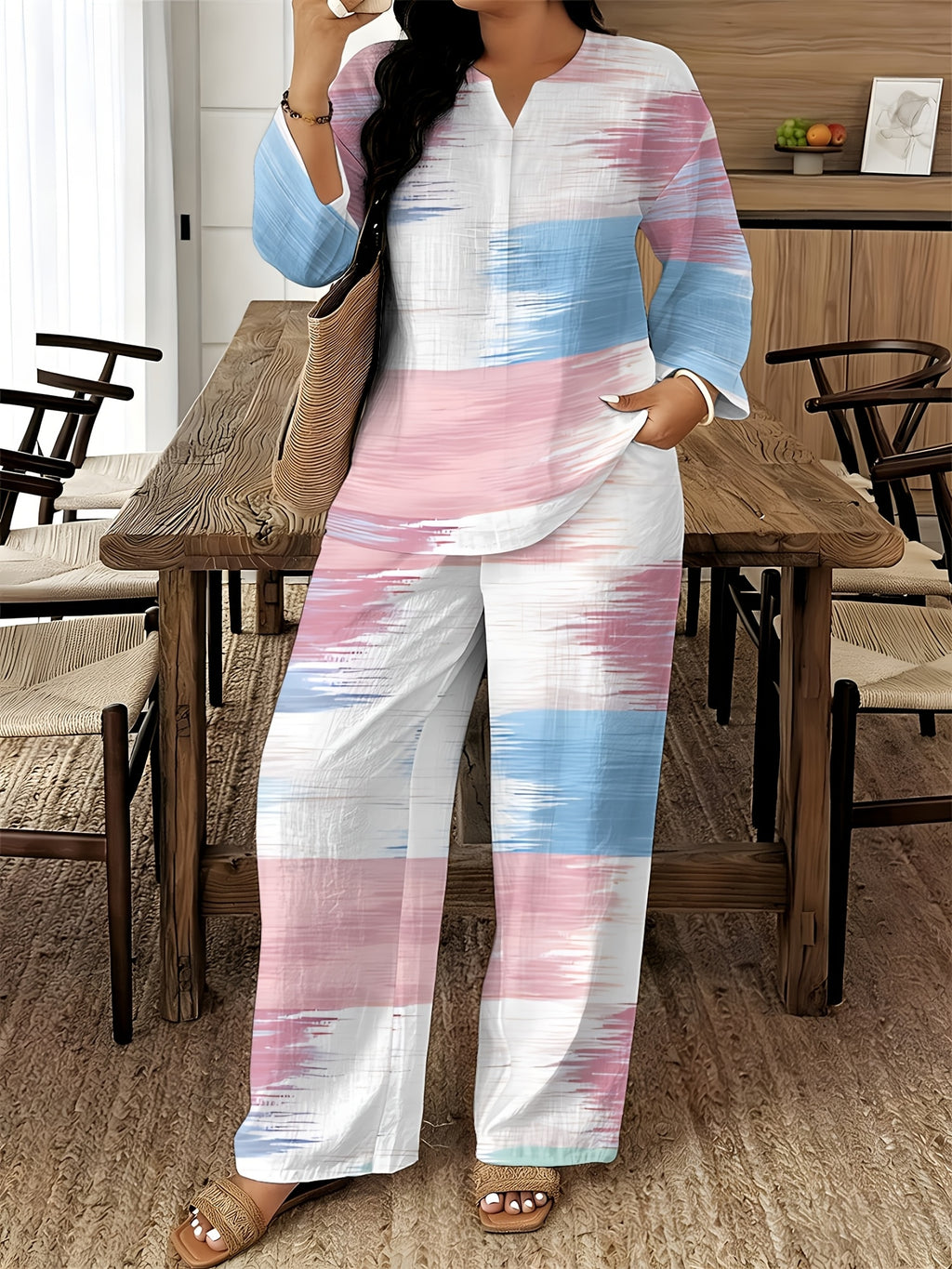 V-Neck Long Sleeve Printed Shirt Pants 2pcs Set Women Floral Digital Print Elastic Waist Casual Loungewear Spring Summer Two-Piece Outfit 15 Colors S-XXL