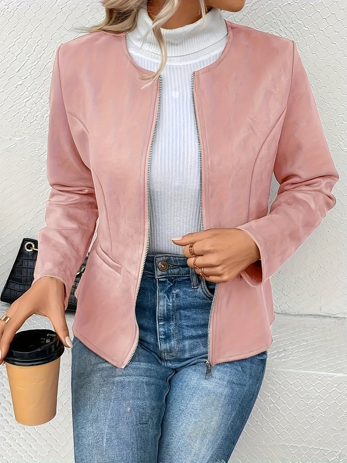 Slim Fit Zip Up Jacket for Women Round Neck Long Sleeve Casual Coat Solid Color All Season Versatile