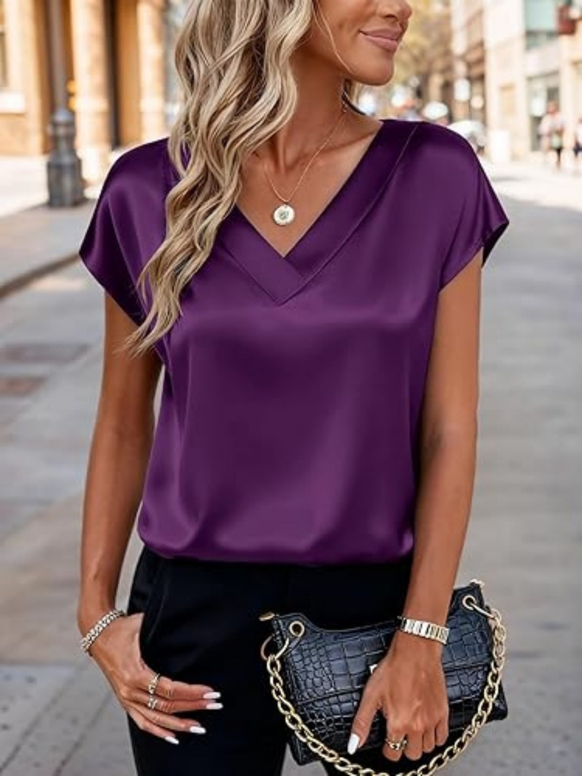 Women Satin V-Neck Cap Sleeve Blouse | Elegant Business Casual Top | Sizes S-XXL