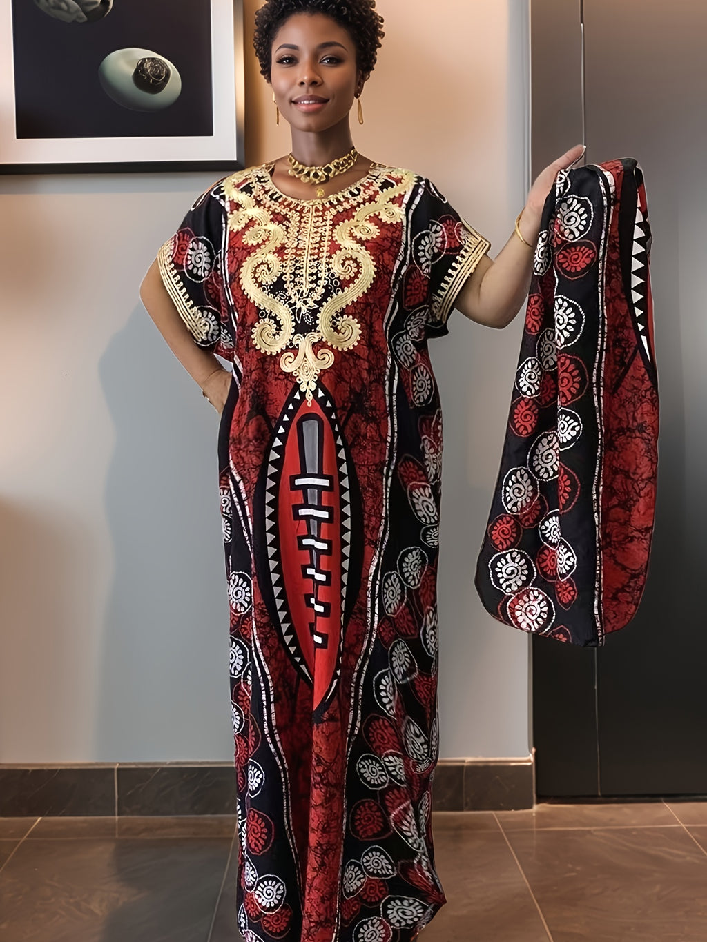 Maxi Kaftan Dress Women Arabic Abaya Robe Golden Embroidered Islamic Embellishments Batwing Sleeve Round Neck Long Modest Dress Machine Washable
