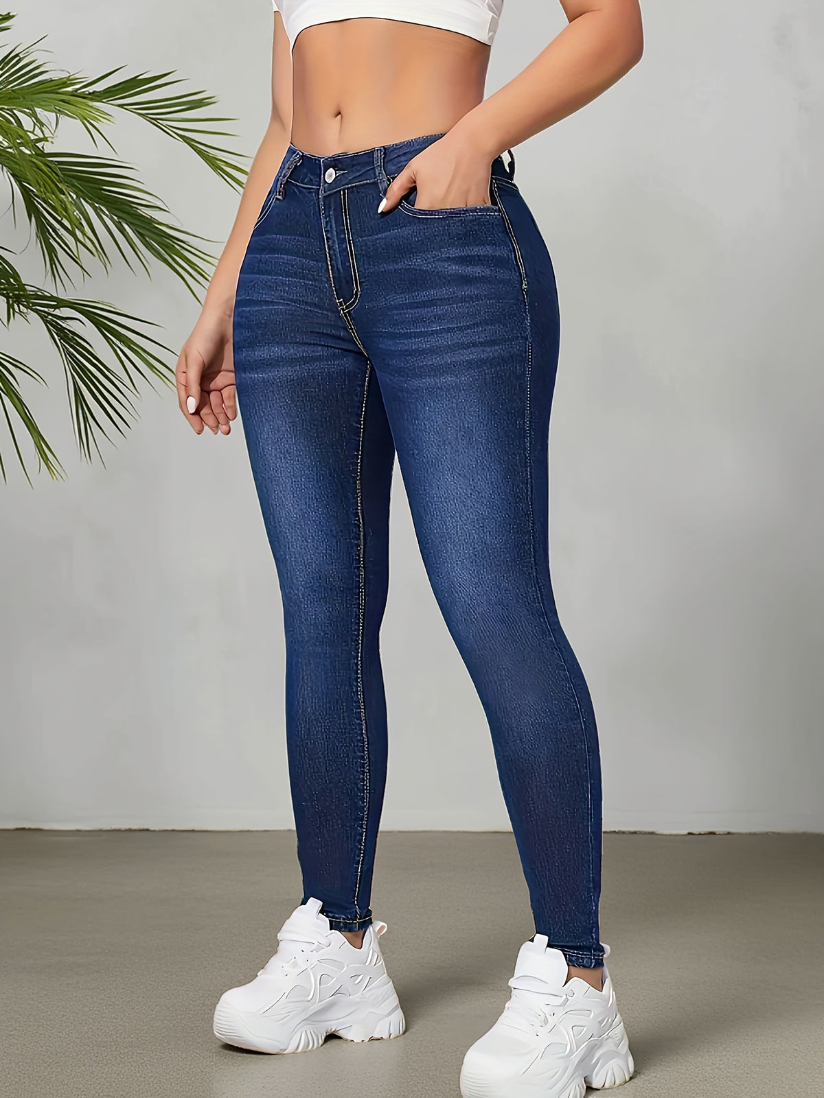 Women's Blue Skinny Jeans Washed Tapered Slim Fit High Stretch Casual Denim S-XXL