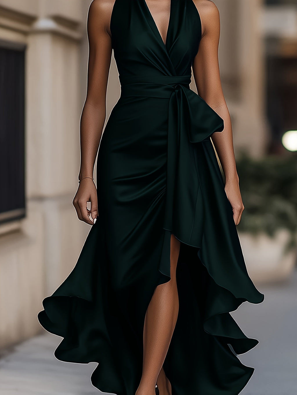 Satin Formal Dress Women V-Neck Sleeveless Ruched Waist Flared Hem Elegant Evening Gown Dark Blue Dinner Party Cocktail Dress 100% Polyester Smooth Fit