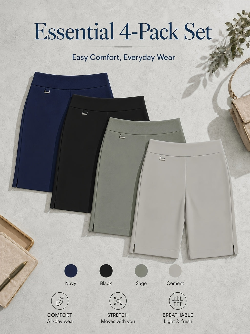 Women's Bermuda Shorts 4-Pack Pull-On Stretchy Breathable Knee Length Work Shorts with Side Slit Hem Skin-Friendly Multi-Color Set