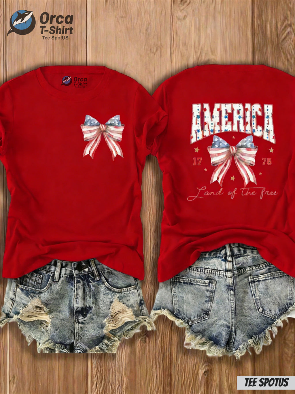 4th of July T-Shirt Women America Flag Bow Print Crew Neck Casual Patriotic Top 8 Colors S-XXL