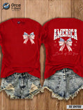 4th of July T-Shirt Women America Flag Bow Print Crew Neck Casual Patriotic Top 8 Colors S-XXL