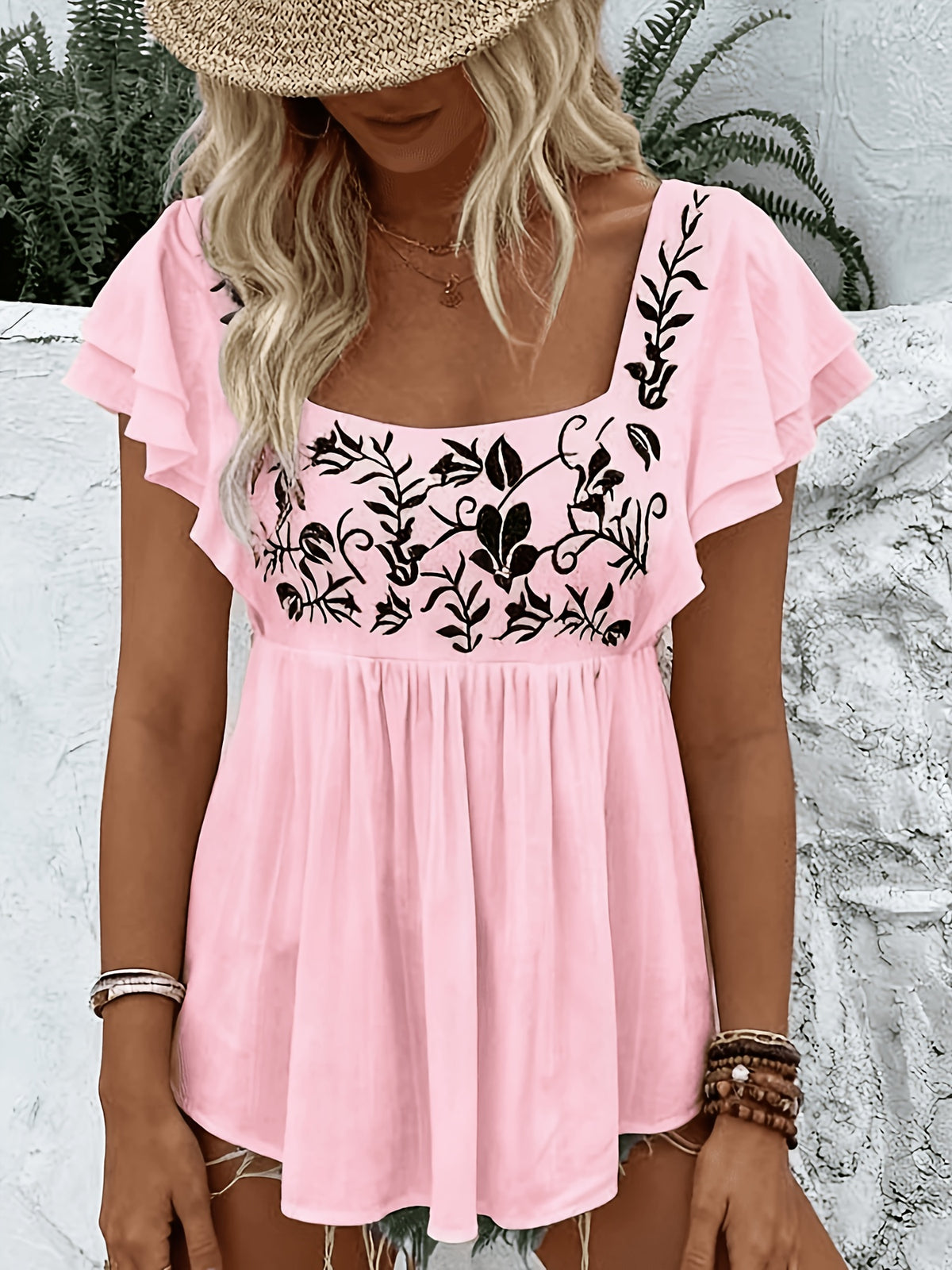 Embroidered Blouse Women Square Neck Lace Short Sleeve Ruffle Boho Floral Babydoll Loose Fit Casual Elegant Top S M L XL XXL