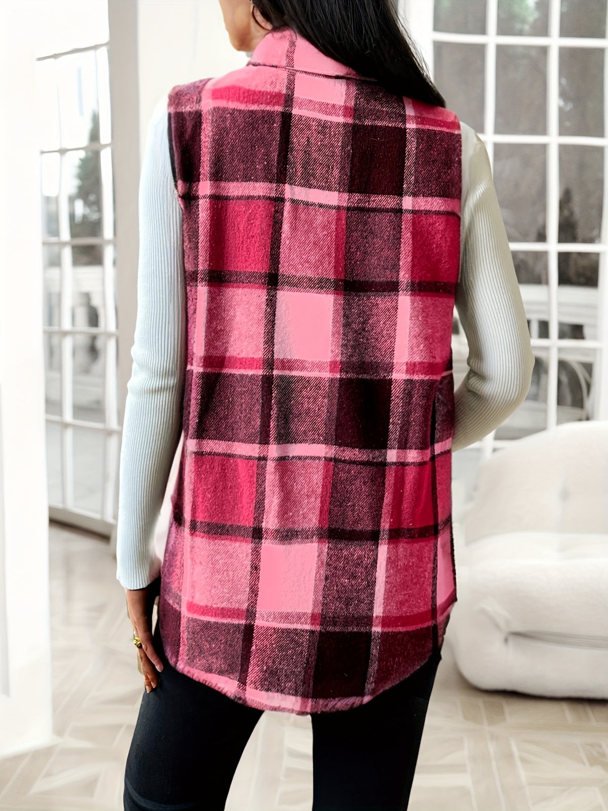 Plaid Lapel Vest Jacket Women Casual Suede Sleeveless Outerwear Fall Winter Layering