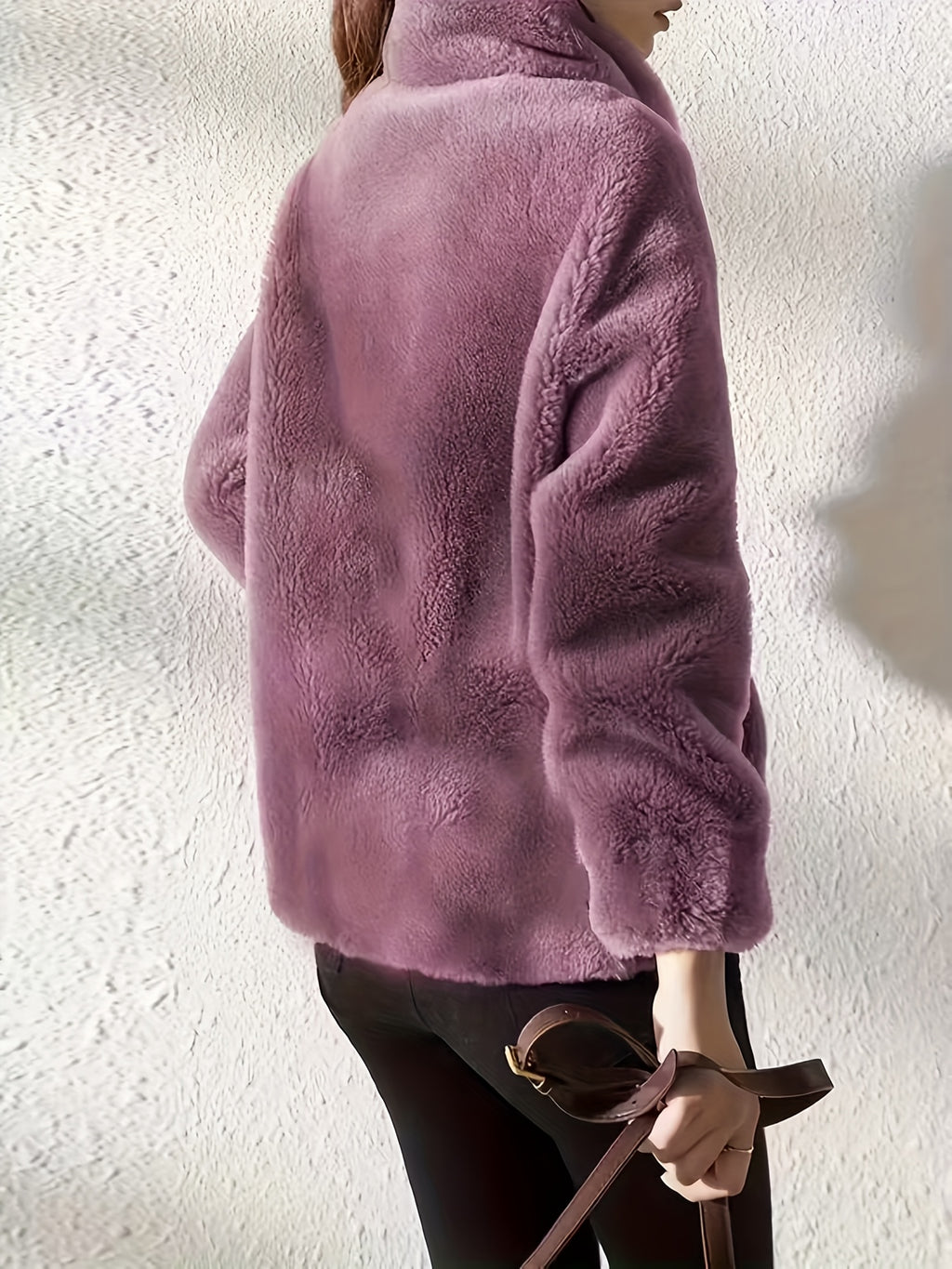 Plush Hooded Zip-Up Jacket for Women Solid Color Fuzzy Sherpa Coat Warm Winter Casual Daily