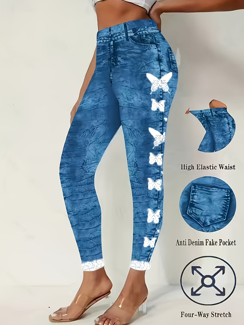 Butterfly Print Imitation Denim Leggings Women Elastic Fake Pocket All Season Casual Vacation Machine Washable S-XXL