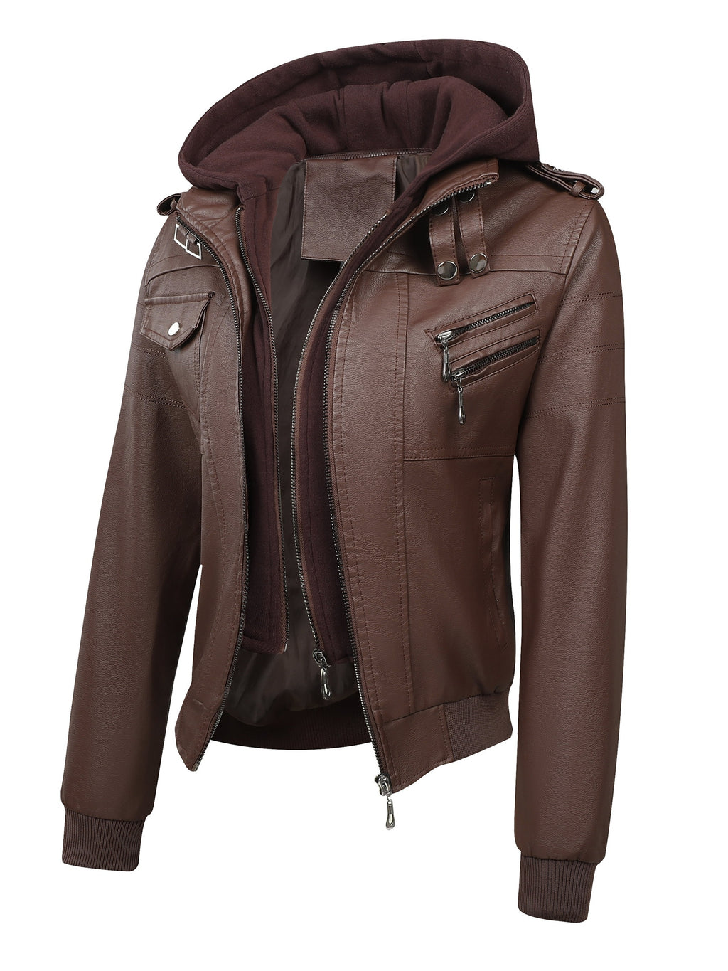 Women's Vintage PU Leather Jacket Windproof Detachable Hood Casual Outdoor Moto Biker Coat S-XXL