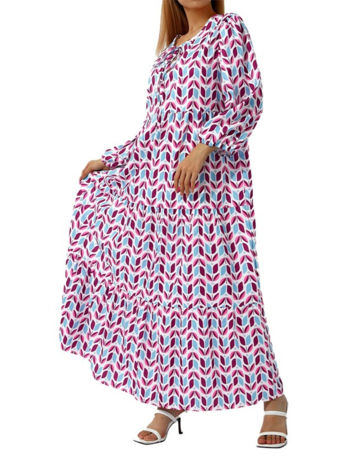 Boho Floral Puff Sleeve Maxi Dress Women V-Neck Lantern Sleeve Loose Long Dress Geometric Floral Print Lightweight Summer Dress S-XXL