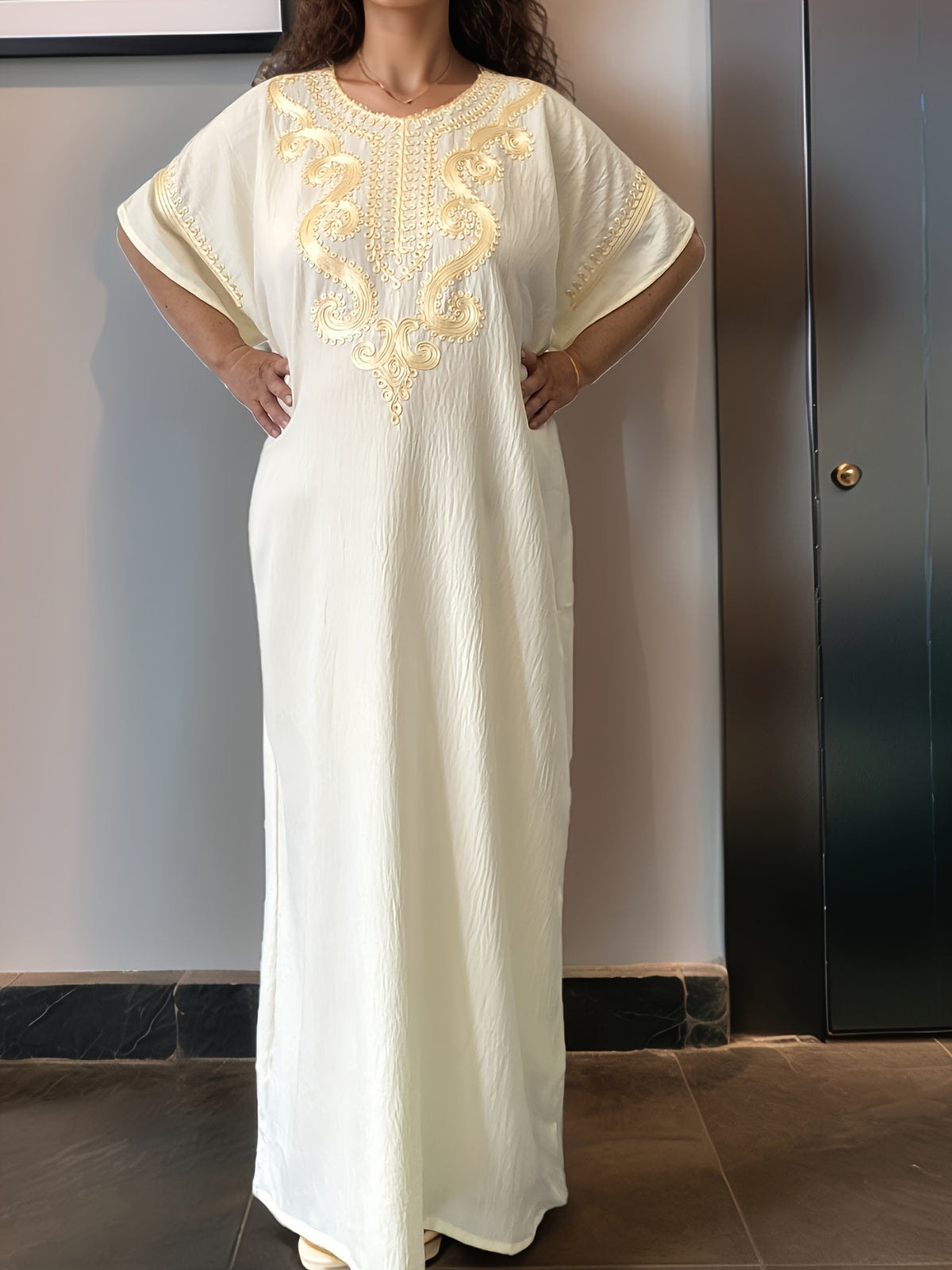 Women's Kaftan Dress Muslim Short Sleeve Round Neck Modest Robe for Hajj Eid Wedding Everyday Wear Year-Round Comfortable Cultural Dress for Women