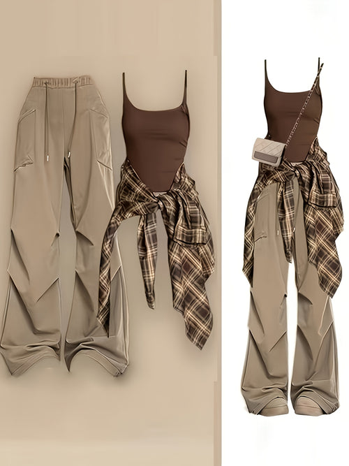 3 Piece Y2K Streetwear Set for Women – Plaid Long Sleeve Shirt + Spaghetti Vest + Wide Leg Cargo Pants, Harajuku Casual All-Season, Sizes S-XXL