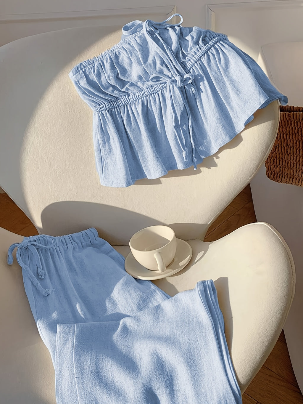 Strapless Tie Cropped Top and Wide Leg Pants 2pcs Set Women Spring Summer Vacation Casual Fresh Outfit S-XXL