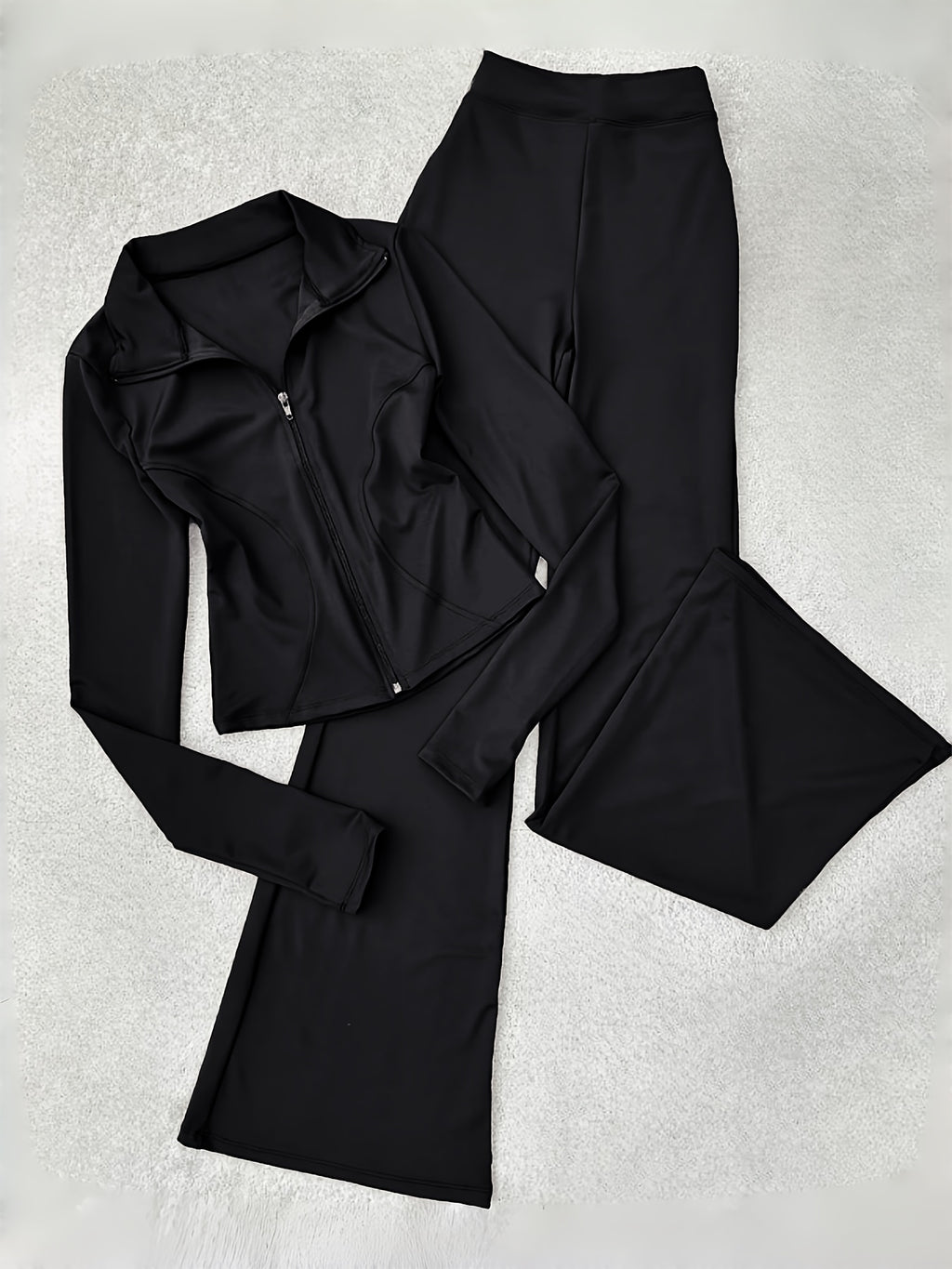 Zip Up Long Sleeve Top Flared Pants 2 Piece Set Women Elegant Casual Daily Outfit Co-ord Grey Black Coffee Brown M-XXL