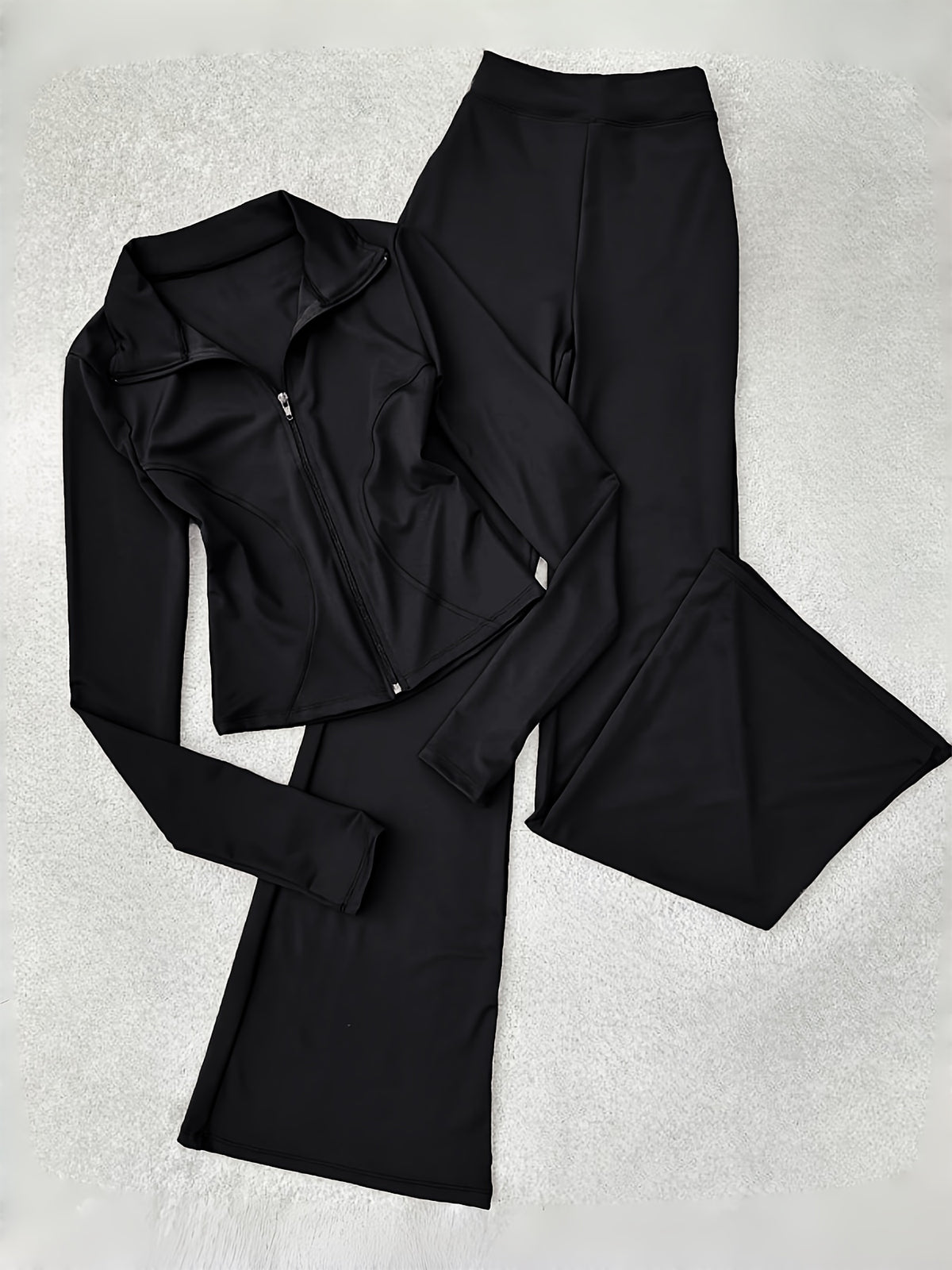 Zip Up Long Sleeve Top Flared Pants 2 Piece Set Women Elegant Casual Daily Outfit Co-ord Grey Black Coffee Brown M-XXL
