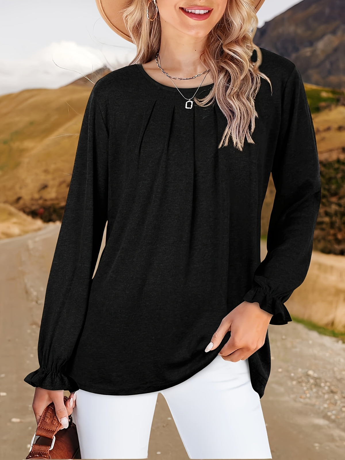 Pleated Ruffle Blouse Women's Long Sleeve Loose Fitting Tunic Top Crew Neck Solid Color Shirt S-XXL | Mira Roam