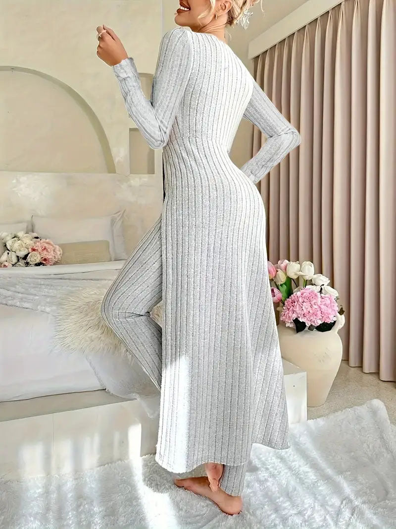 Heavyweight Fleece Lounge Set Women Oversized Long Sleeve Wide-Leg Pants Cozy Winter Two-Piece Ribbed Minimalist S-XL