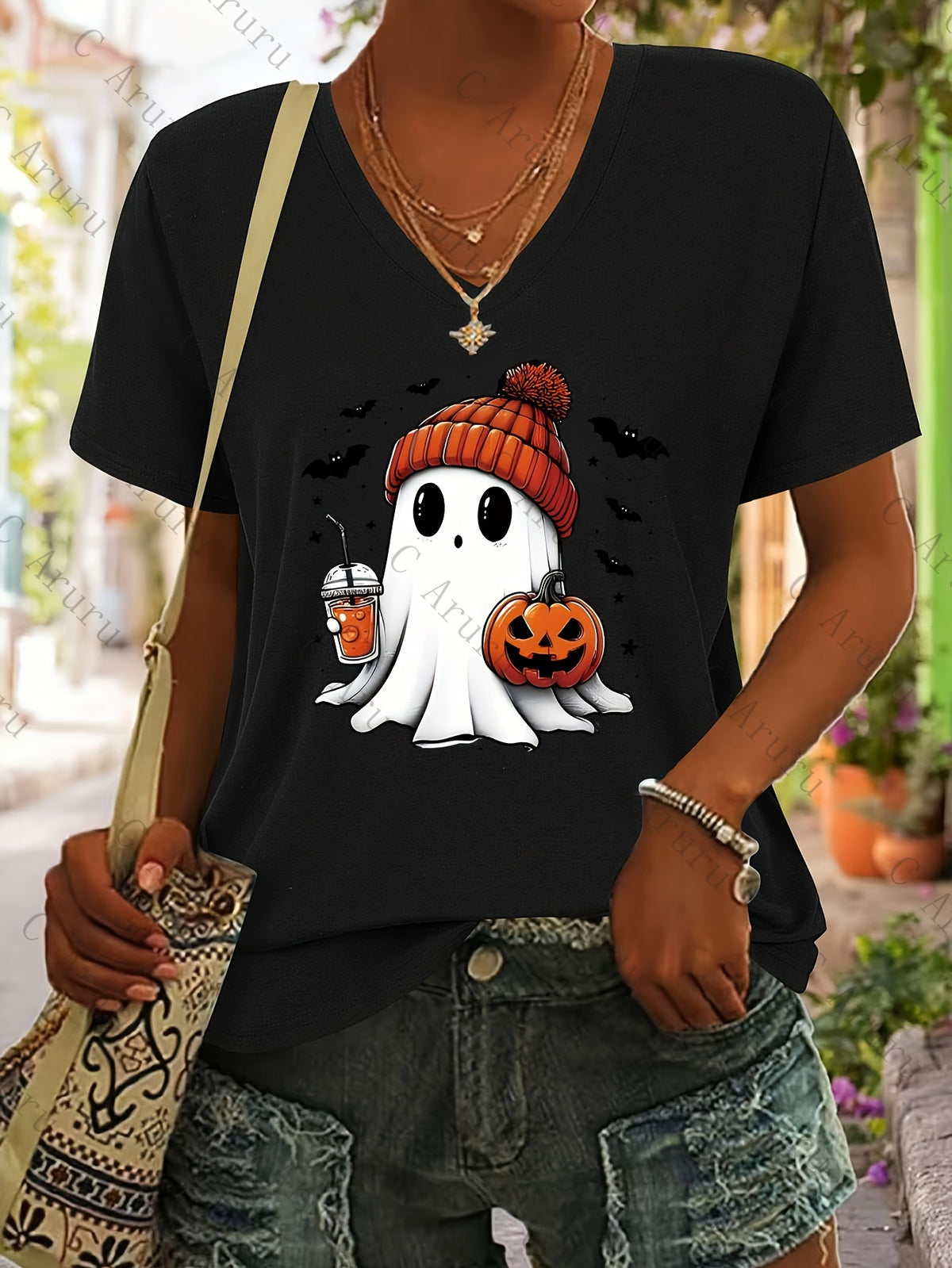 Ghost Print V-Neck T-Shirt Women Casual Short Sleeve Graphic Tee Fun Holiday Gift Spring Summer Top S-XXL