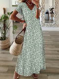 Ditsy Floral V-Neck Long Dress for Women - Thin Elegant Lightweight Spring Summer Fall Holiday Dress, 95% Polyester Stretch Flowy Maxi S-XXL