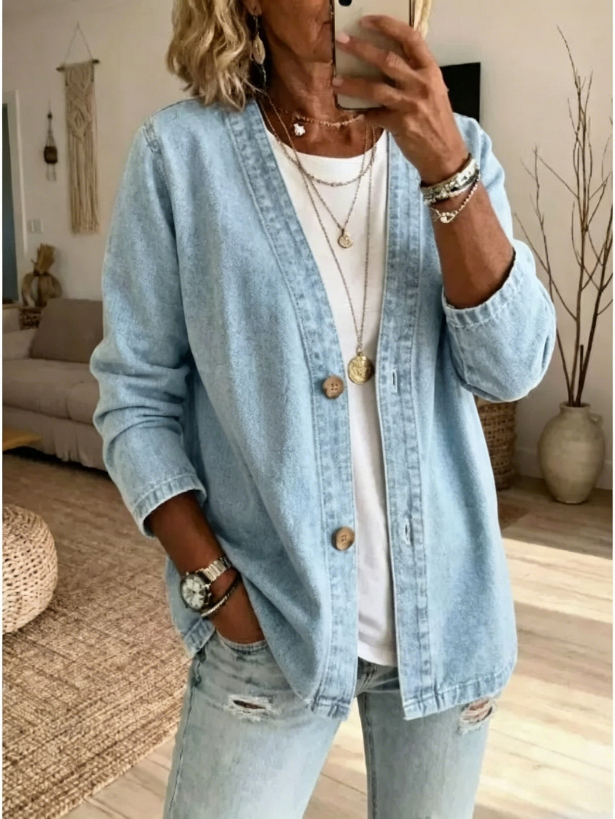 Denim Cardigan Jacket Women Loose Slim Fit Casual Open Front Spring Commute Travel Daily Outerwear Light Blue