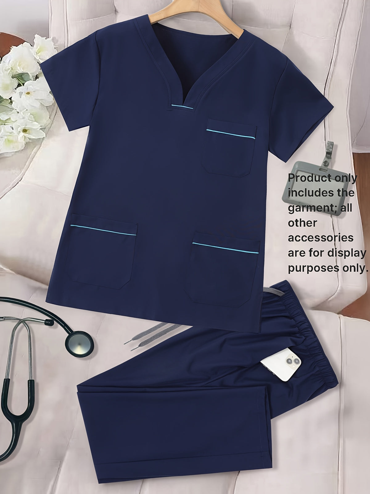 Women's 2pcs Color-Block Scrub Set V-Neck Matte Breathable Top & Pants Work Uniform with Pockets