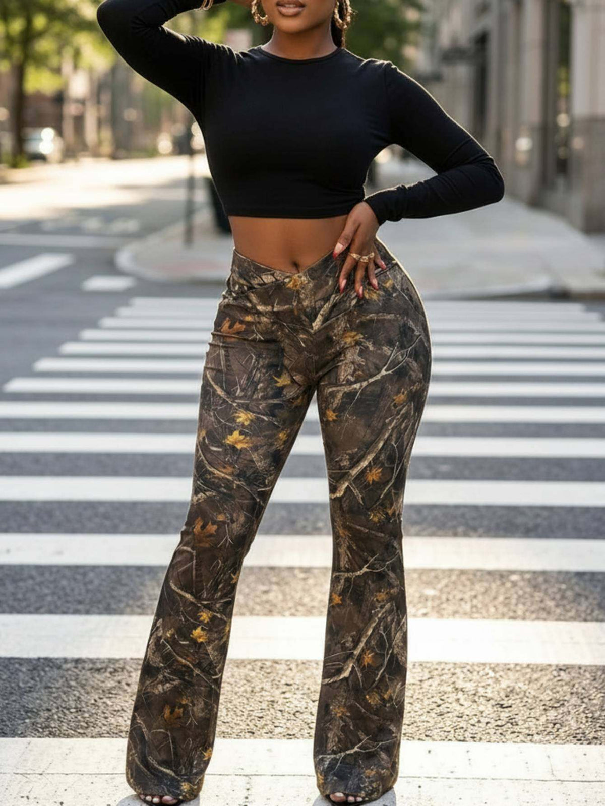 Slim Fit Flared Bell Bottom Pants Women Branch Print Wide Leg Trousers Casual Multicolor S-XL