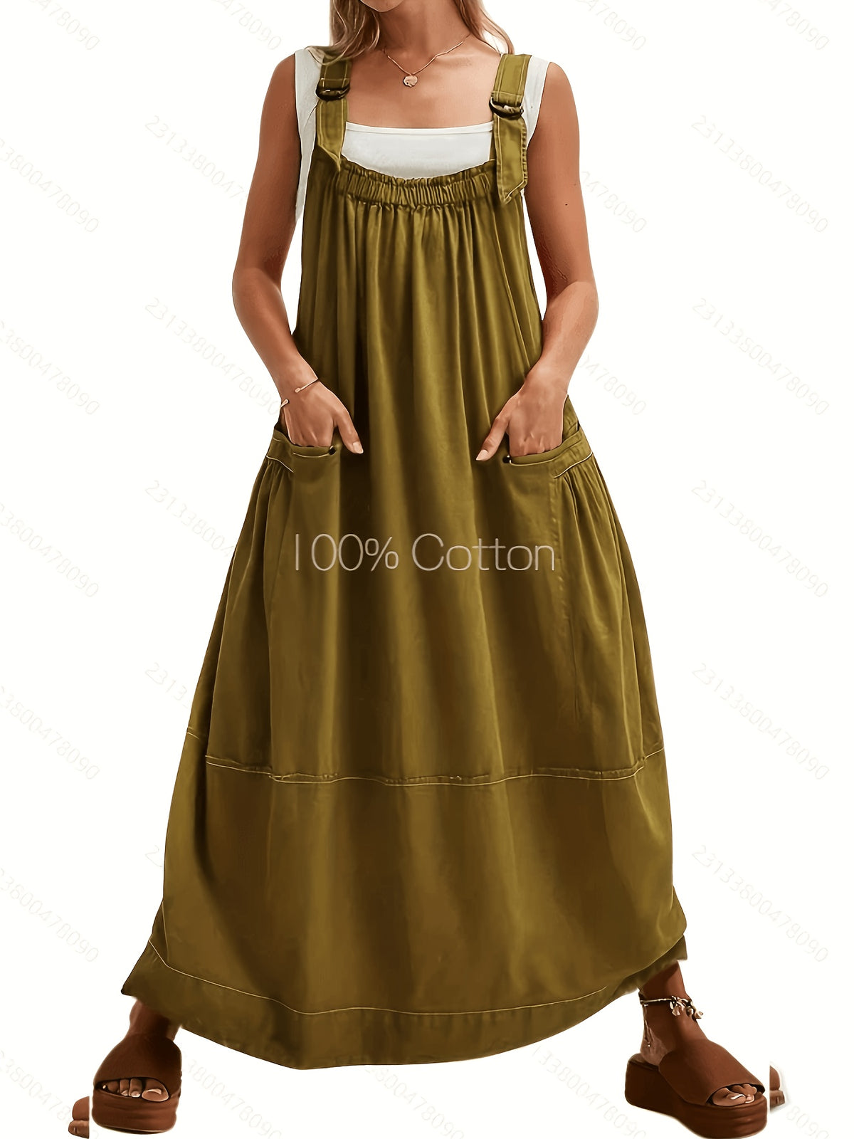 Overall Dress Women Loose Adjustable Strap Midi Length Big Pockets Workwear Casual Bib Jumper Dress Spring Summer S M L XL XXL