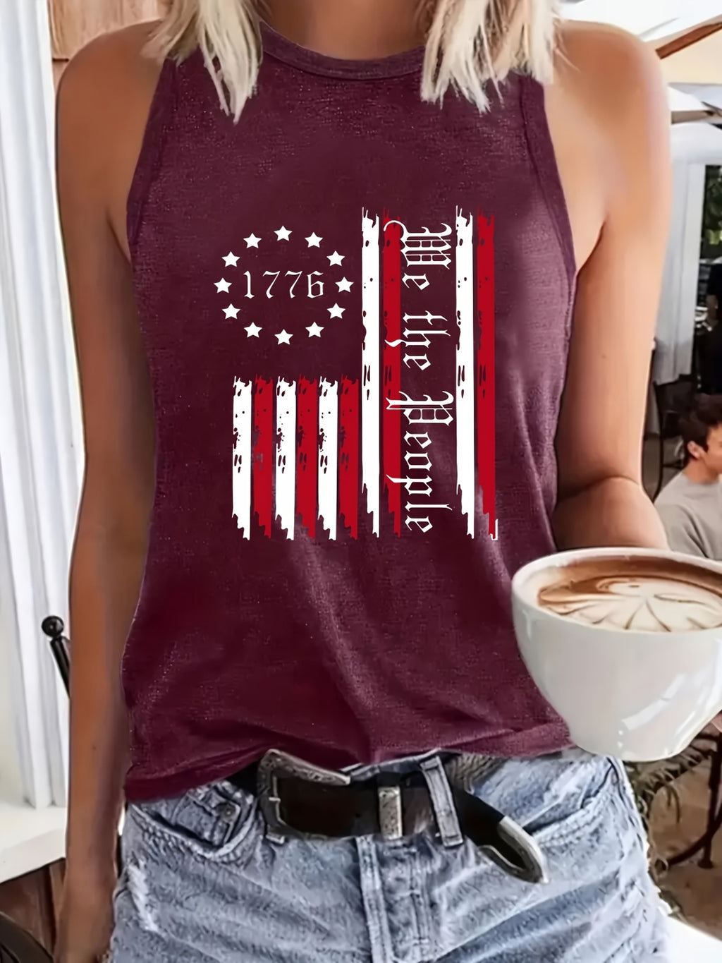 Women's American Flag Sleeveless Tank Top Stars Stripes Print Round Neck Breathable Casual Blouse Spring Summer BBQ Patriotic Outfit