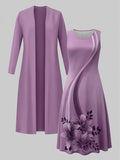 Floral Print Cardigan & Vest Dress 2-Piece Set for Women – Long Sleeve Jacket with Waist-Cinching Long Skirt Dress, Elegant Street Fashion Outfit