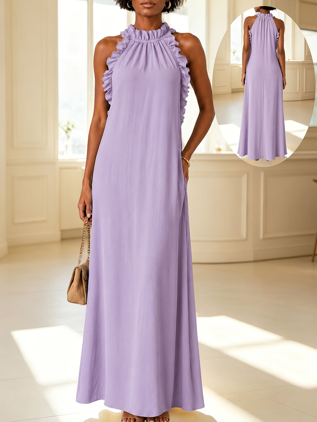 Halter Neck Sleeveless Dress Women Leaf-Edge Ruffle Loose Casual Summer Vacation Solid Color Flowy Boho Beach Dress S-XXL
