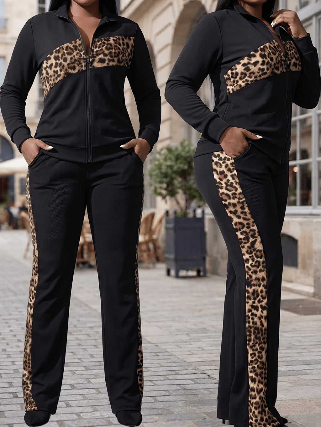 2 Piece Tracksuit Set Women Zip-Up Pattern Print Long Sleeve Top High Waist Skinny Jogger Pants Sweatsuit S-XXL