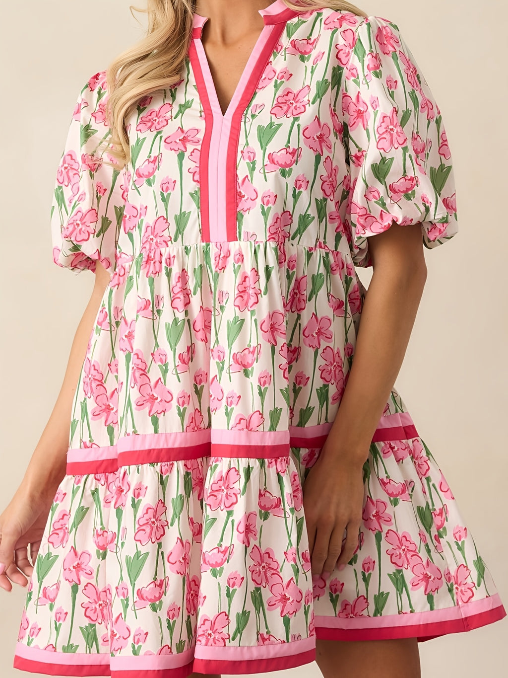 Puff Sleeve Floral Mini Dress Women Boho V-Neck Loose Flared Hem Lightweight Beach Vacation Dress Summer S-XXL