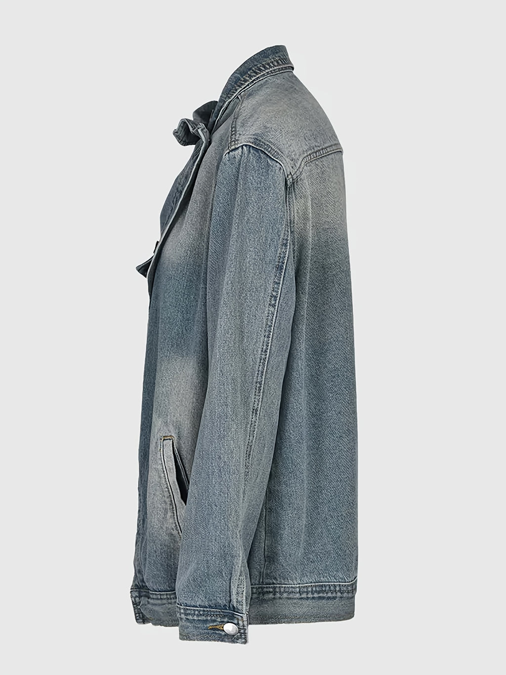 Loose Fit Jean Jacket Women Asymmetric Slant Placket Multi Pocket Vintage Blue Streetwear Long Sleeve Denim Coat Fall Winter