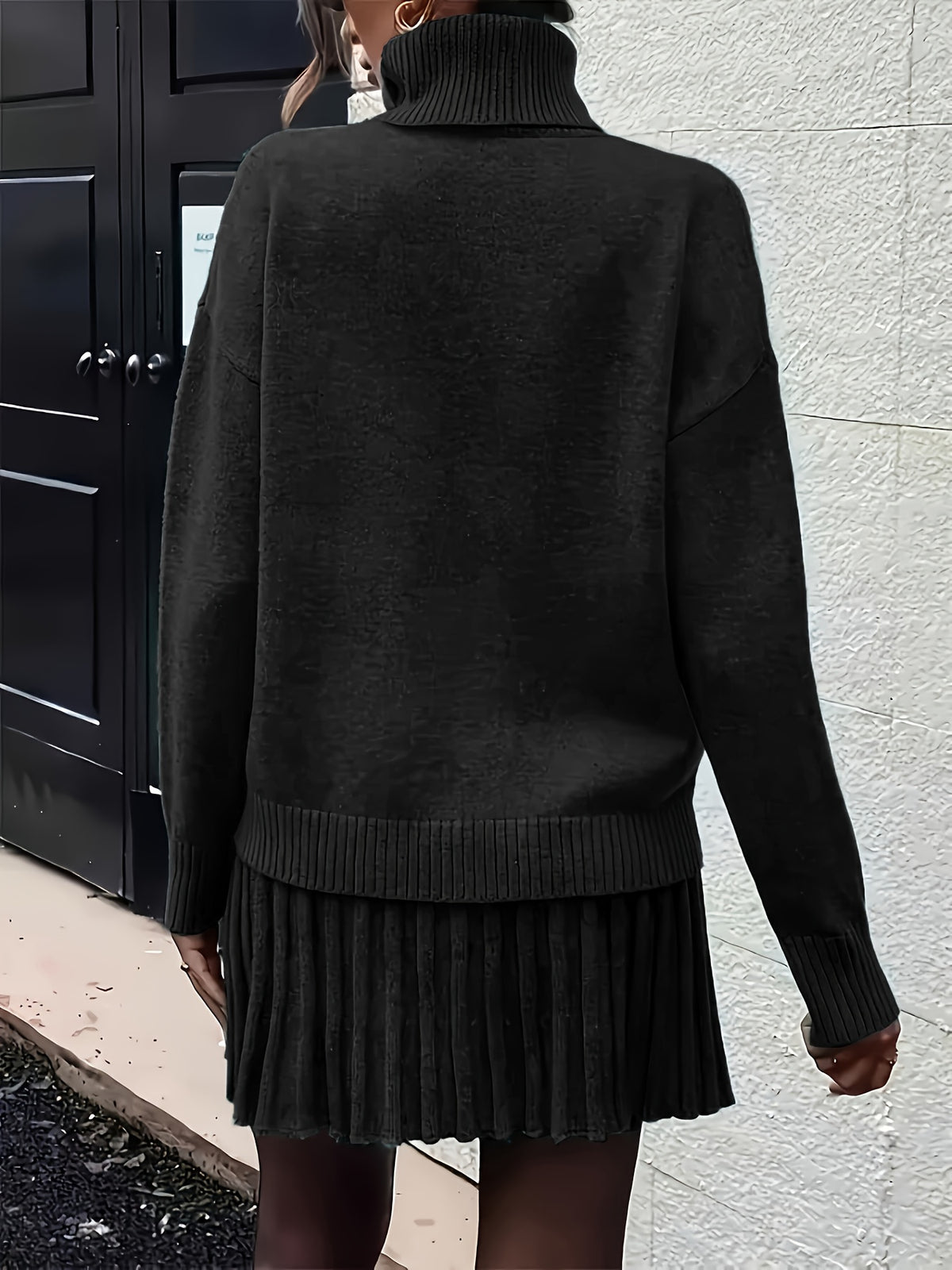 High-Neck Sweater Pleated Skirt Two-Piece Set Women Elegant Drop Shoulder Long Sleeve | Chic Knit Top + Pleated Skirt Co-Ord for Fall Winter Office & Daily Wear