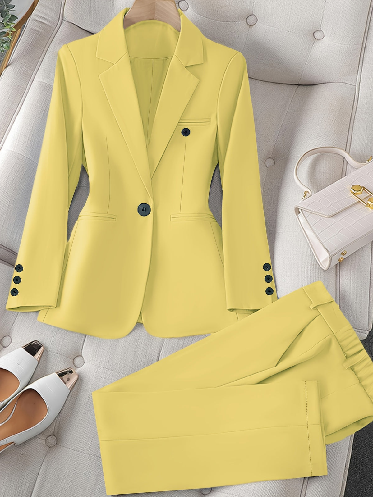 Women's 2 Piece Business Suit Set Solid Color Long Sleeve Blazer Jacket and Trousers Professional Work Outfit Elegant Pantsuit Matching Set