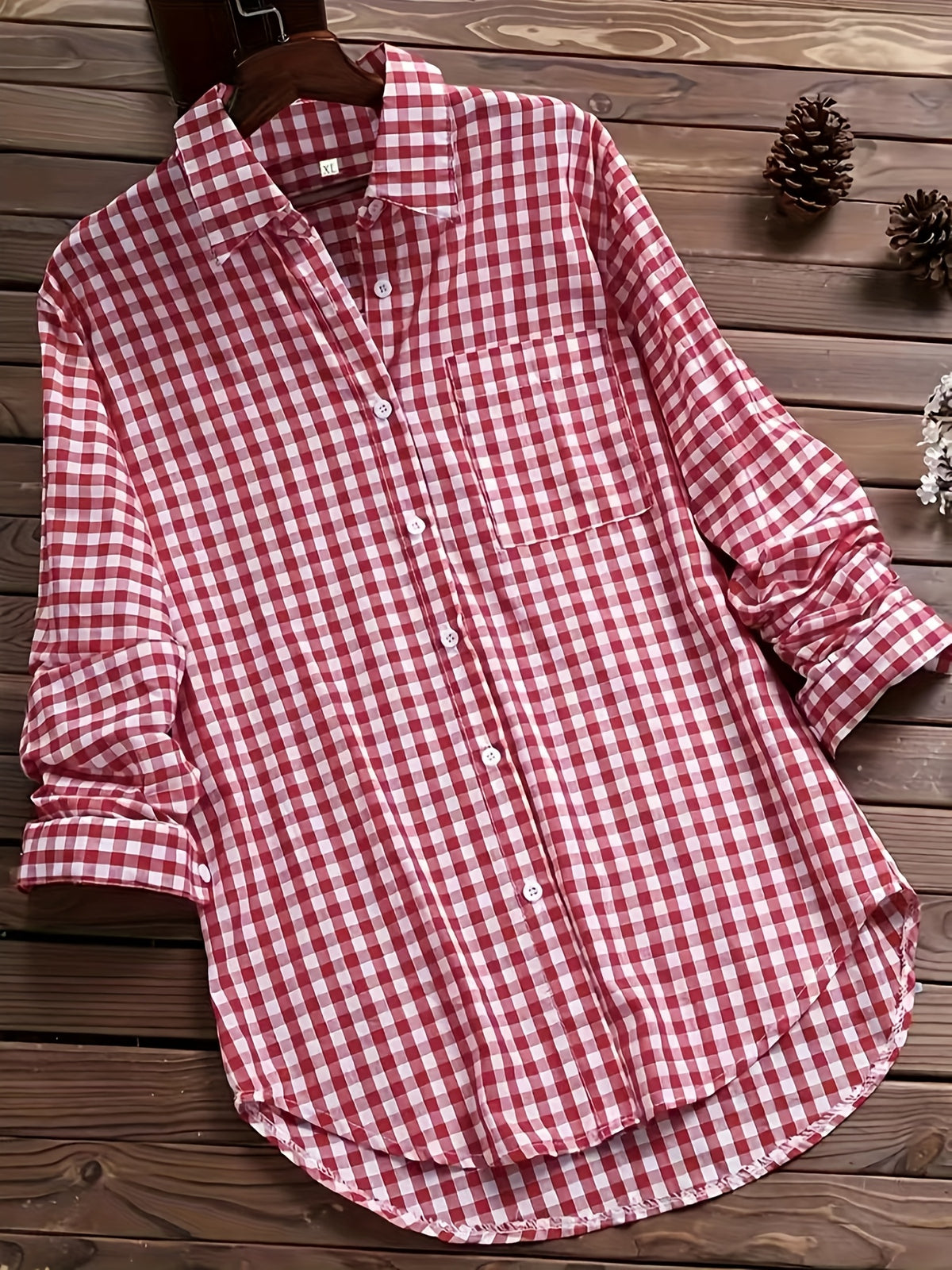 Plaid Checkered Button-Up Shirt Women Long Sleeve Lapel Collar Viscose Blend Casual All Season Versatile Blouse for Women