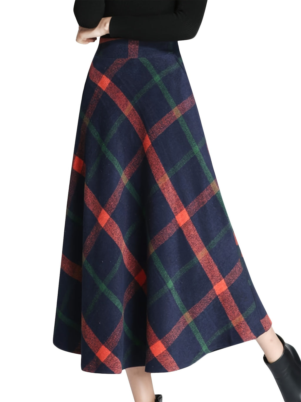 Wool Plaid Maxi Skirt Women A-Line Pleated Elastic Waist Fall Winter Long Skirt Grey M-XXL